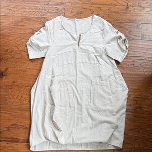 Beige Short Sleeve Dress with Pockets